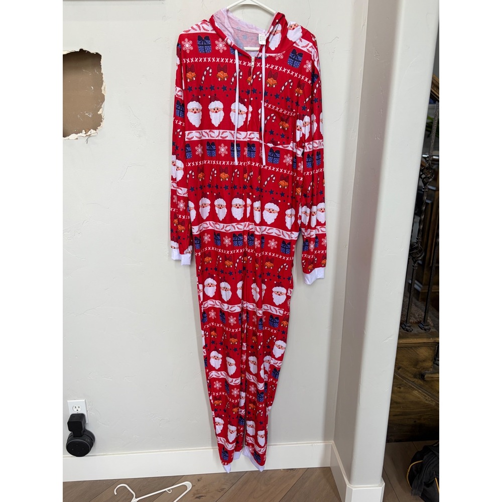 Mens Red Santa Claus Christmas Hooded Union Suit One Piece Pajamas Large